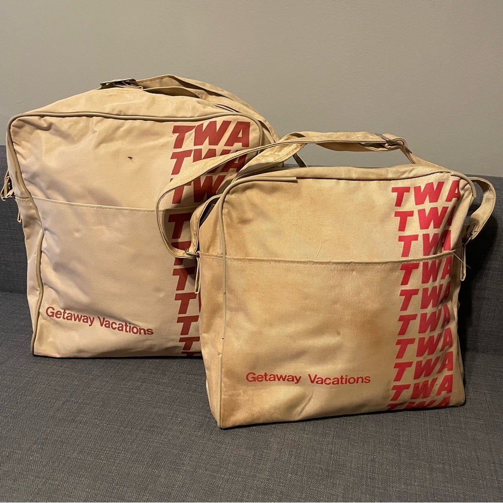 TWO Vtg TWA GETAWAY VACATIONS Overnight Bags Travel Zipper Adjustable Strap